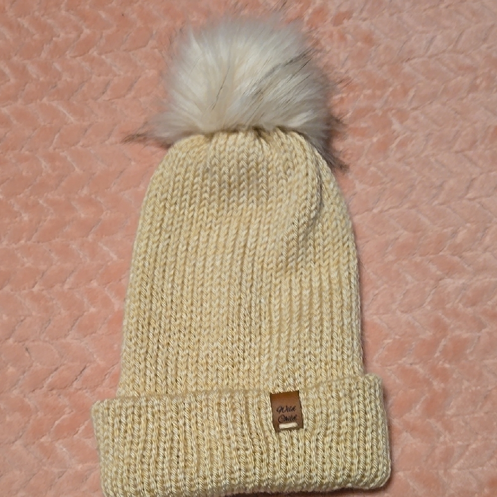 Cream Knit Beanie with Pom-Pom